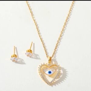 Evil Eye Heart Necklace & Stud Earrings Set